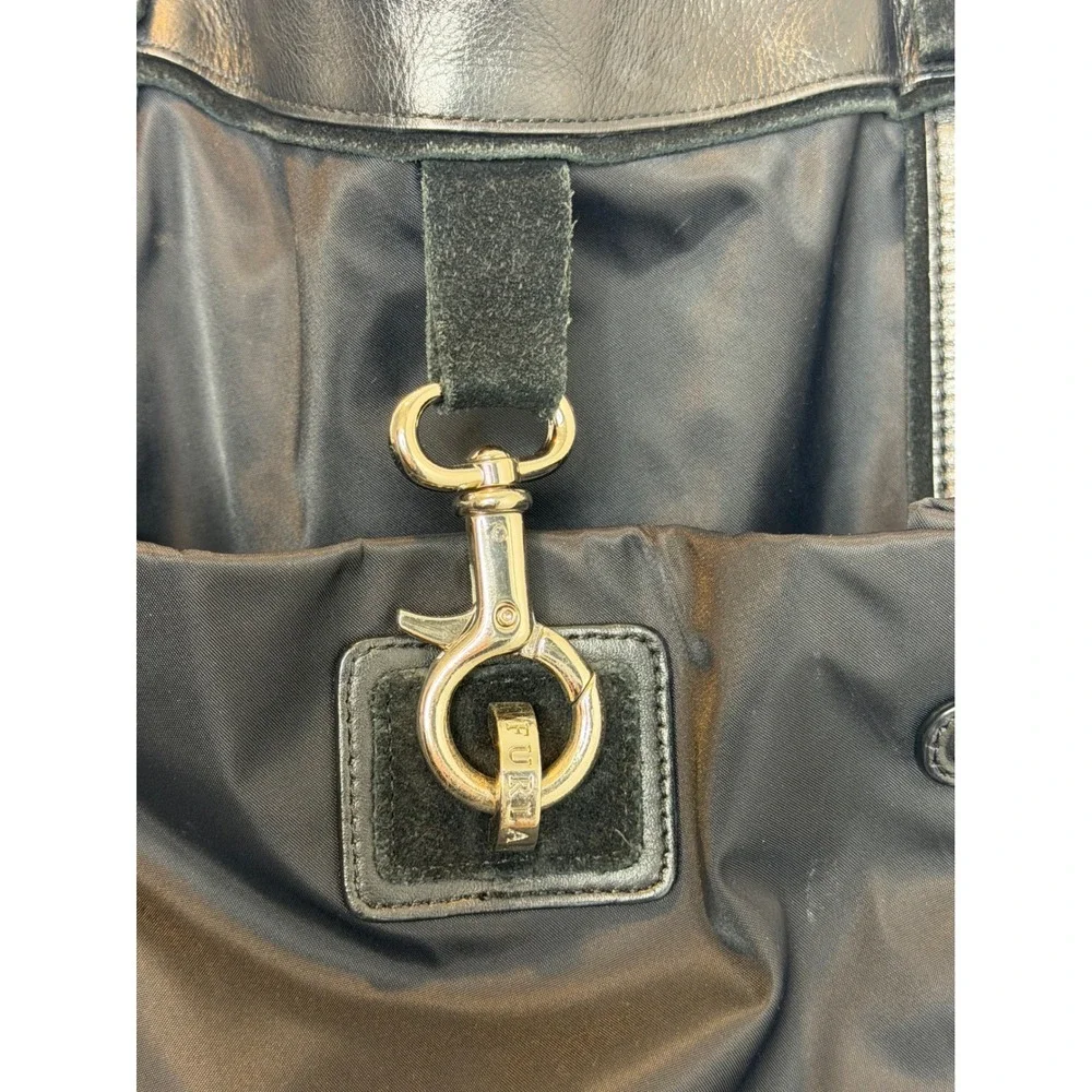 Furla Black Nylon Leather Trim Tote‎ Bag Silver Hardware Vintage Bag